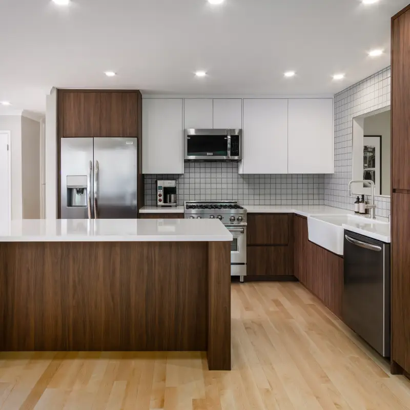 Two-tone walnut and white kitchen